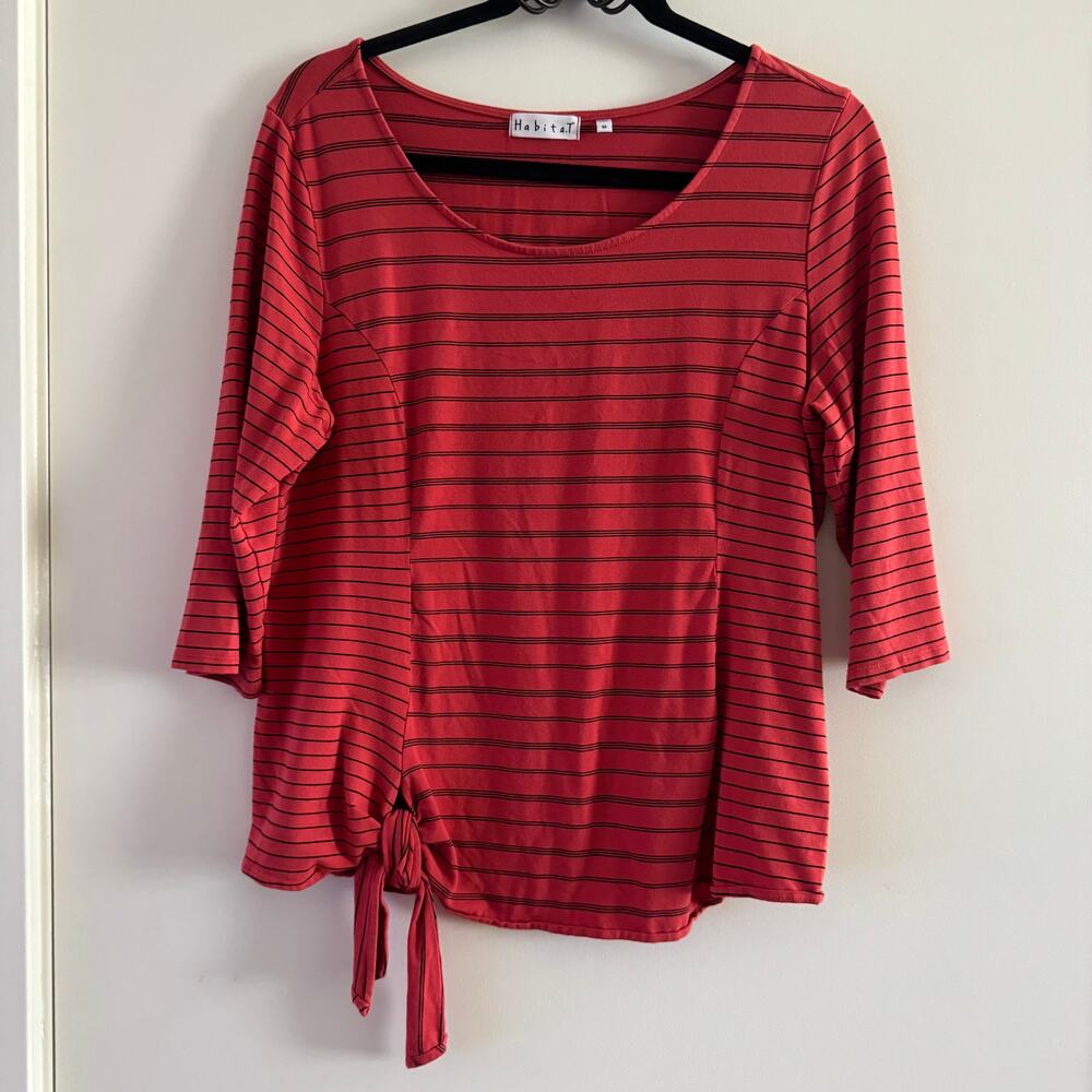 Habitat Striped Top Red Scoop Neck Tie Front 3/4 Sleeve Pullover Sz M Women's